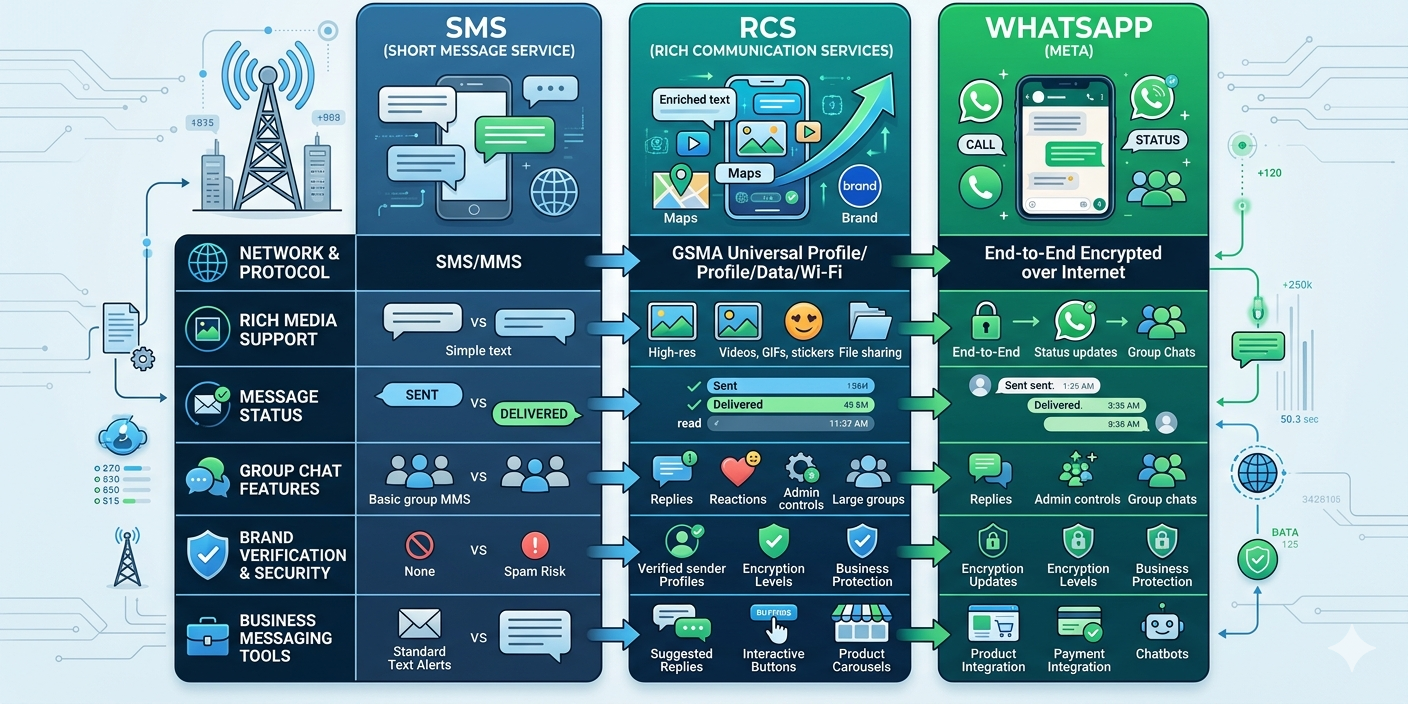 RCS Messaging vs SMS vs WhatsApp: Complete Comparison